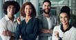 © peopleimages.com - Group, portrait and arms crossed for solidarity in office, team building and manager for support. Business people, cooperation and global news agency for press media, happy diversity and confidence