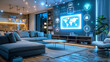 © Domingo - Smart rural home living room with holographic interface. Cozy interior featuring connected devices, IoT icons, and wireless technology