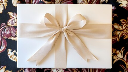 A cream gift box with a beige satin ribbon bow on a dark floral background.