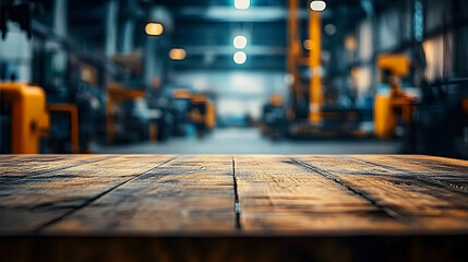 A close-up shot of an empty wooden table with a blurred industrial workshop factory in the background.