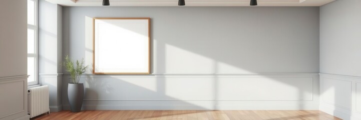 Wall Mural - Minimalist wooden frame on wooden floor with space for custom artwork or design, presentation, empty