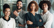 © peopleimages.com - Employees, portrait and arms crossed for solidarity in office, team building and manager for support. Business people, cooperation and global news agency for press media, collaboration and confidence