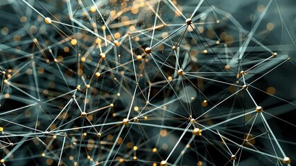 Wall Mural - Golden nodes interconnected by a complex network of lines symbolize the intricate web of big data, highlighting global connectivity and technological advancement in a dark digital space