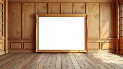 Wall Mural - A wooden frame mockup resting on a rustic wooden floor, display, blank, frame