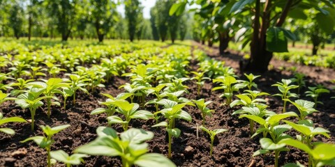 Wall Mural - Coffee bean seedlings growing in a beautiful green nature background, Growth, foliage, farm