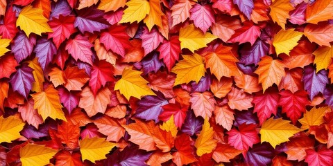 Wall Mural - Pattern of dry orange metallic leaves on violet background, colorful, natural, background