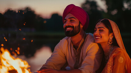 Lohri, Makarsakranti, Indian Festival, Indian Couple wearing traditional attire, Celebration, Sikh Couple.