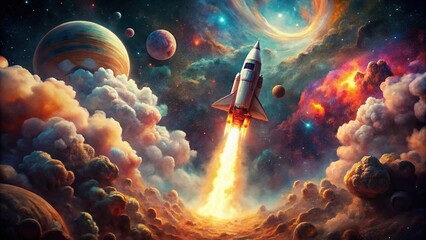 Wall Mural - Futuristic Rocket Ship in Cosmic Nebula: Urban Exploration Style Clipart
