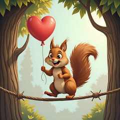 Canvas Print - A happy squirrel balancing on a rope with a heart shaped balloon among the trees, digital illustration of character design concept.