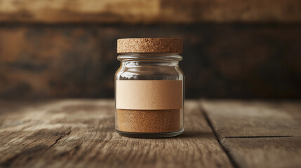 Spice jar mockup with a cork lid and blank label, placed on a rustic wooden surface
