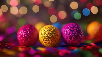 Three vibrant decorated eggs on colorful background with bokeh lights.