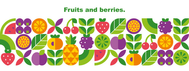 fruits, berries, leaves and slices.abstract geometric background. banner template. set of vector ico