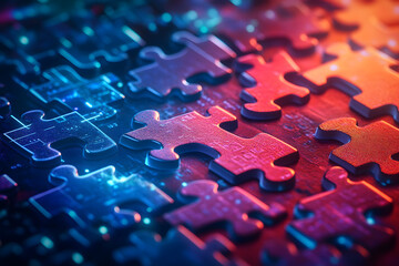 Wall Mural - the abstract tech background is a digital representation of api integration interlocking puzzle piec