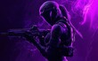 © Denis Renkas - A 3D design of a futuristic female soldier with tactical armor, glowing purple accents on an abstract black and purple background.