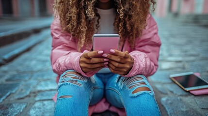 Young woman with curly hair sits on pavement using a pink cellphone.