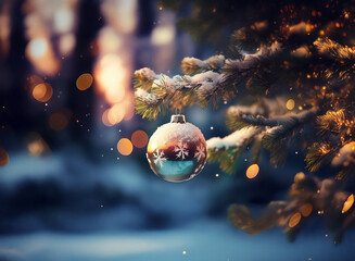 Wall Mural - A glistening, snow-dusted Christmas ornament hangs from a pine branch, bathed in the warm glow of a winter sunset.  Sparkling bokeh lights add to the festive scene.