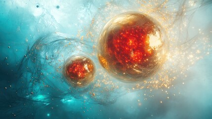 Wall Mural - Two glowing orbs float in a swirling nebula, emitting sparks and light.