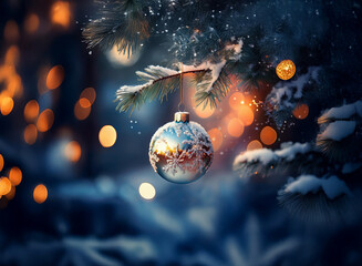 Wall Mural - A frosted silver bauble hangs from a snow-laden pine branch, illuminated by warm bokeh lights.  Winter wonderland magic.