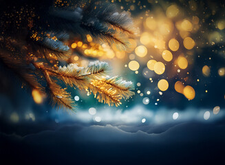 Wall Mural - Enchanted winter scene: snow-covered pine branch glows with golden light against a bokeh backdrop of warm lights and falling snow.  A magical, serene atmosphere.