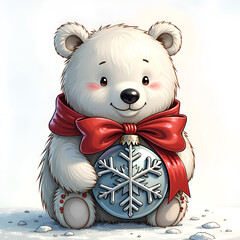 Wall Mural - Adorable polar bear cub holding a snowflake ornament with a red bow in a winter wonderland setting, digital art of character design concept.