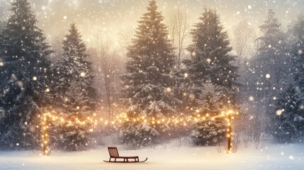 Wall Mural - Enchanted Winter Wonderland: A Snowy Forest Scene with Fairy Lights and Sleigh