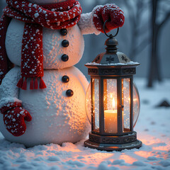 Wall Mural - charming snowman holding a lantern in a snowy wonderland with a flickering candlelight, digital pain