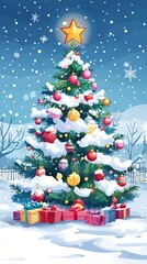 Wall Mural - Beautifully decorated Christmas tree with colorful ornaments and wrapped presents beneath, standing in snowy winter landscape under starry night sky with falling snowflakes.