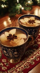 Wall Mural - Two elegant vintage teacups filled with aromatic chai tea garnished with star anise, sitting on a traditional red oriental carpet under warm Christmas tree lights glow.