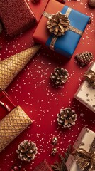 Wall Mural - festive holiday composition with wrapped presents, golden pine cones, and decorative party hats on d