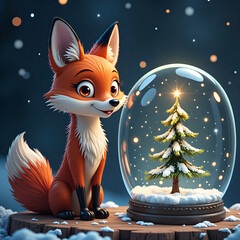 Wall Mural - charming fox in a snow globe with a lush christmas tree under a starry sky, digital art of whimsical