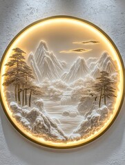 Wall Mural - Serene Mountain Landscape Wall Decor: Illuminated Carved Art