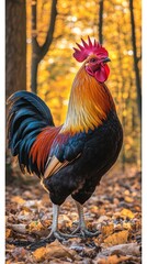 Wall Mural - A vibrant rooster stands proudly amidst autumn leaves in a forest setting.