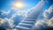 © Muschima - A symbolic stairway ascending towards a bright blue sky with a sun and light clouds, representing business growth, upward progression, and the pursuit of success in a clear, optimistic future.