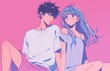 © kkkiim graphic - A young man with blue hair in an oversized white t-shirt and pink shorts, sitting next to his beautiful girlfriend in a purple dress with long, straight hair