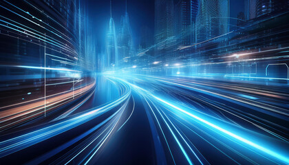 Wall Mural - 3d rendering of warp speed in hyper loop with blur light from buildings' lights in mega city at nigh