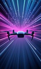 Wall Mural - Futuristic Drone Flying Through Colorful Light Rays in Digital Neon Environment