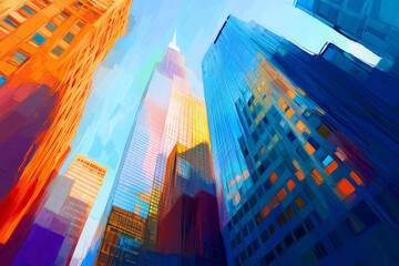 Wall Mural - artistic painting of skyscrapers, a photo of an abstract style cityscape panorama
