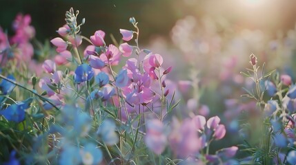 Wall Mural - Enchanted Meadow: A Symphony of Pastel Blossoms at Golden Hour