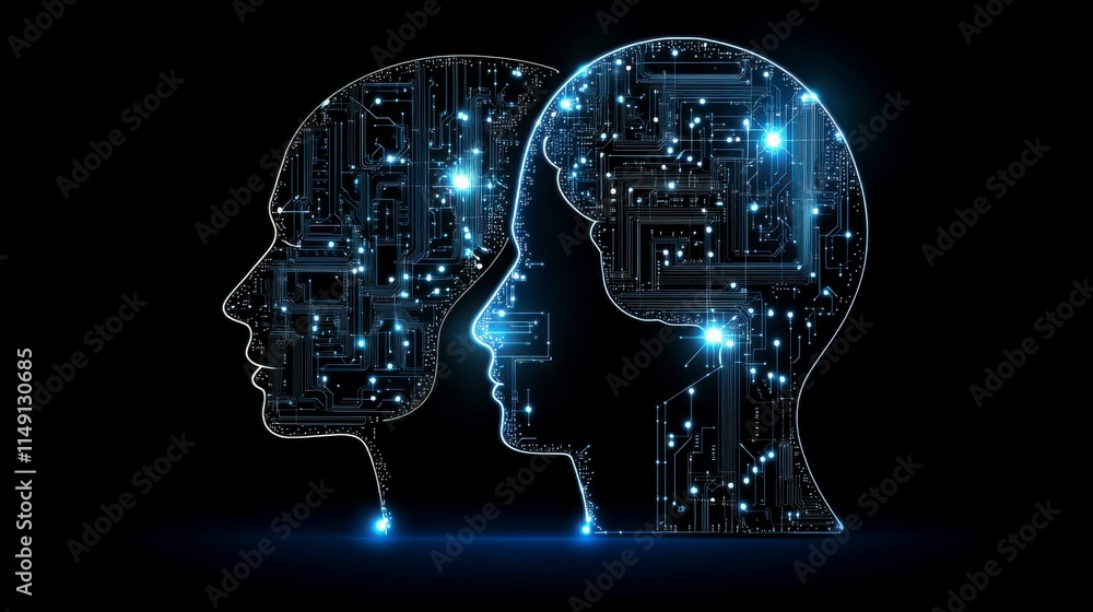 AI and electronic brain concept with a human head outline and digital ...