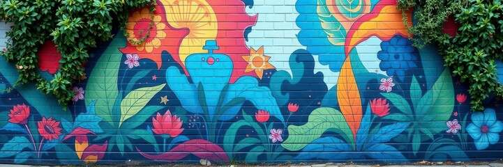 A colorful and abstract outdoor mural on a brick wall surrounded by lush greenery, artistic, nature, creative