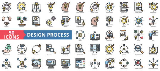 Design process icon collection set. Containing analysis, brainstorming, concept, creativity, design thinking, strategy, design brief icon. Simple flat outline vector illustration