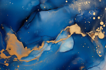 Wall Mural - art photography of abstract fluid art painting with alcohol ink, blue and gold colors