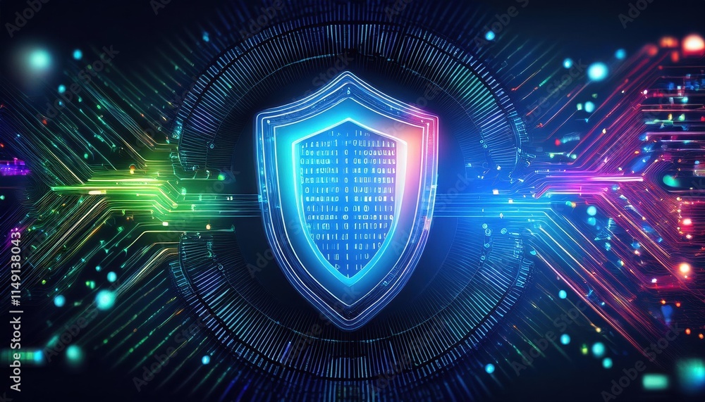 digital shield illustration glowing with vibrant colors, symbolizing ...