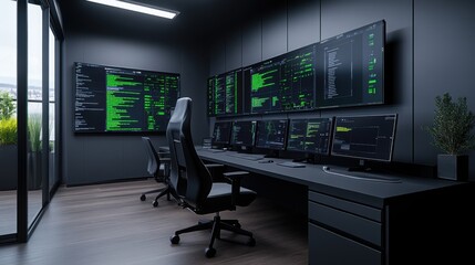Wall Mural - modern data center with multiple monitors displaying code on dark walls and sleek office furniture