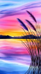 Poster - A vibrant sunset scene over a tranquil lake, with purple and pink hues reflecting on the water and tall grasses swaying gently at the shore.