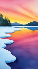 Sticker - A serene winter landscape featuring a colorful sunset reflecting on icy waters, bordered by evergreen trees and distant mountains.