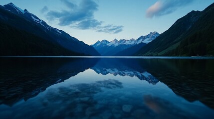 Wall Mural - Serene mountain lake reflecting majestic peaks at dawn.