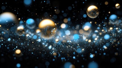 Wall Mural - Abstract blue and gold glowing orbs and particles on black background.