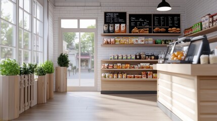 Wall Mural - Modern Grocery Store Interior with Display Shelves, Fresh Produce, and Bright Natural Lighting