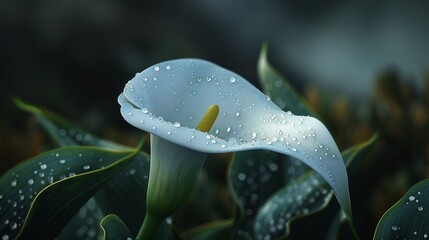 Wall Mural - Serene Dew-Kissed Calla Lily: A Symphony of Nature's Elegance